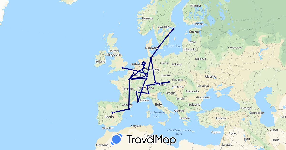 TravelMap itinerary: driving in Austria, Belgium, Switzerland, Germany, Denmark, Spain, France, United Kingdom, Italy, Sweden (Europe)